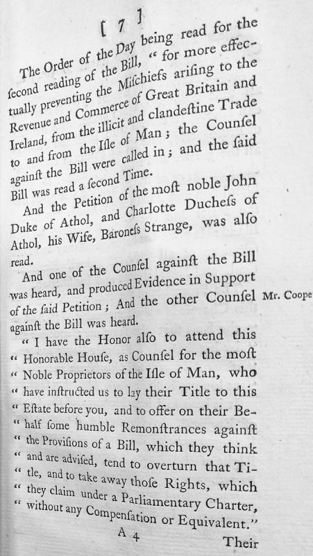 Second reading of Bill to prevent illicit trade to Isle of Man; Petition of Duke and Duchess of Athol heard