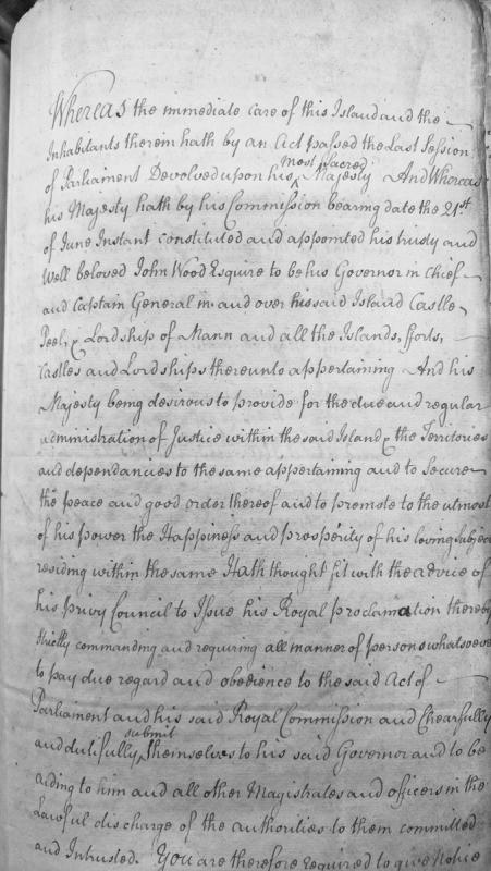 Royal Proclamation regarding John Wood's appointment as Governor of the Isle of Man