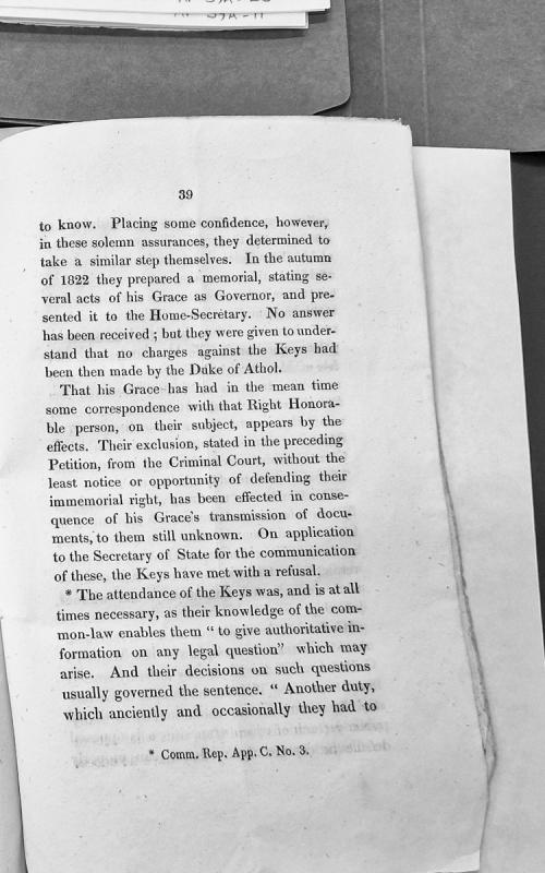 House of Keys petition regarding exclusion from Criminal Court and correspondence with Duke of Athol