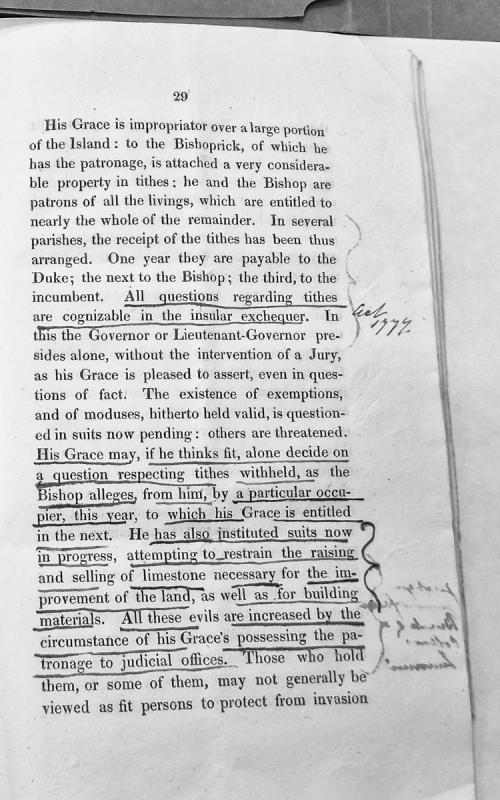 On the Duke's control of tithes, patronage, and judicial offices in Isle of Man