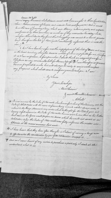 Duke of Athole's response regarding sale of Isle of Man possession